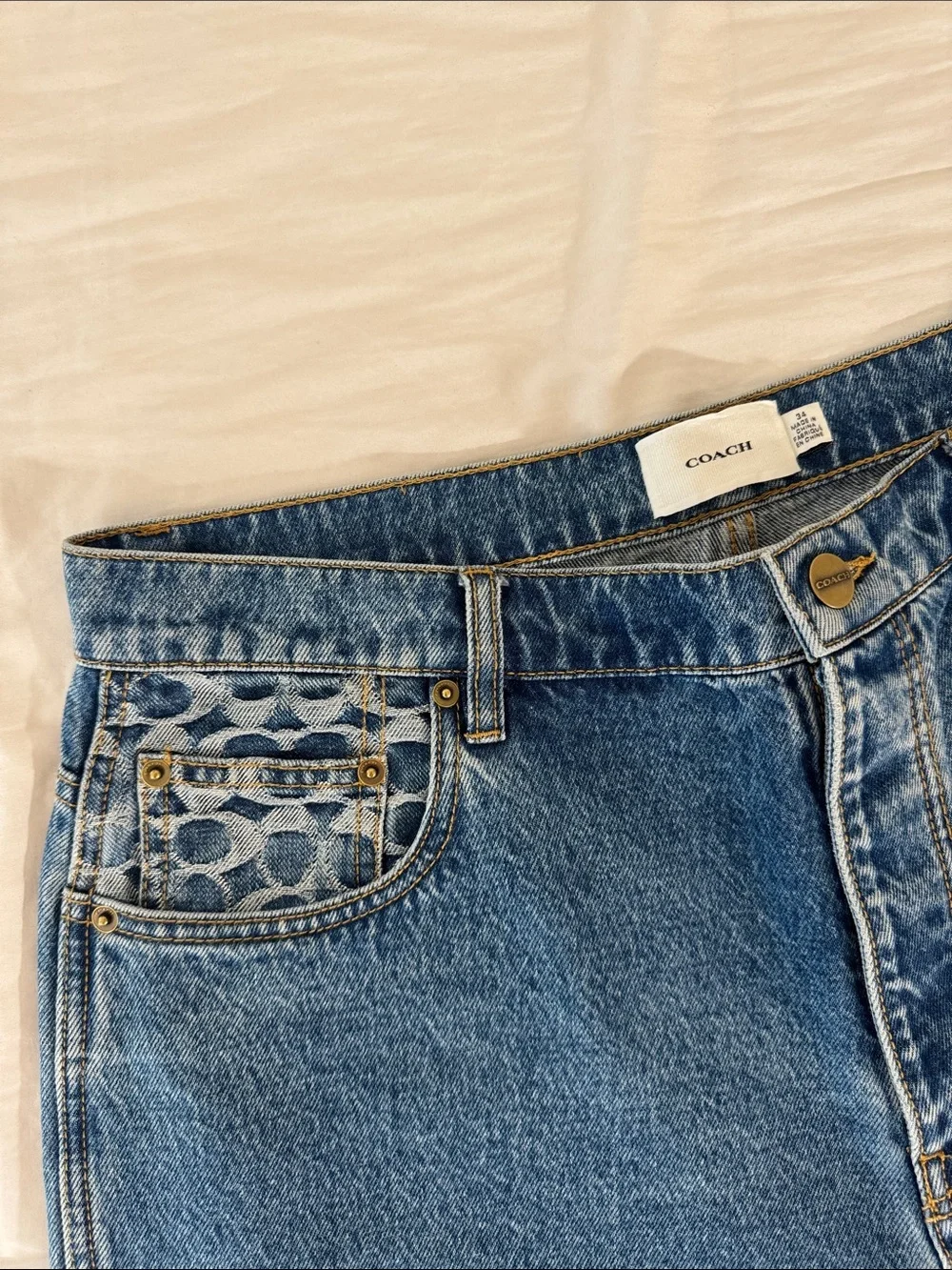 Coach Men's Medium Blue Denim Carpenter skater Shorts with Signature Pocket